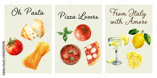Italian food posters. Ingredients for pasta, pizza and limoncello. Perfect for Mediterranean cuisine posters, summer brunch menus or coastal travel illustrations.