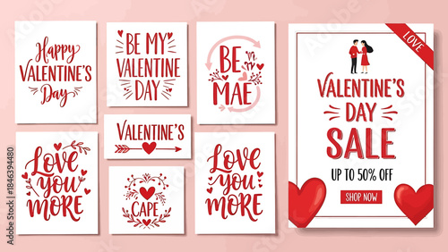 A charming vector graphic collection for Valentine's Day, featuring heartwarming greeting cards, romantic typographic messages, and a festive promotional sale banner template