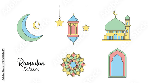 Ramadan Kareem: Symbols of Islamic Faith & Celebration: A collection of symbolic elements, celebrating the essence of Ramadan, including crescent moon, lanterns, mosque, and geometric patterns.