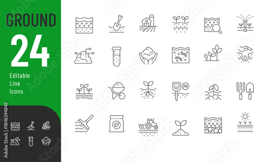Ground Line Editable Icons set. Vector illustration in modern thin style of agriculture related icons: ground, farming, cultivation, and more. Isolated on transparent background.
