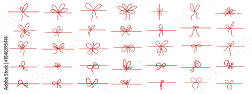 Doodle gift bow collection. Simple red ribbon bows with string and knot. Minimalist line art vector for festive decoration, packaging, cards and celebrations.