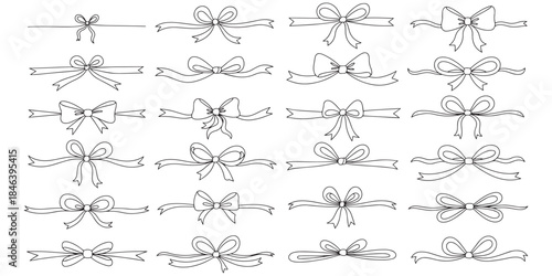 A wide array of hand-drawn line art bow and ribbon icons, perfect for packaging, fashion, and festive themes.