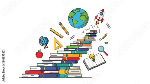 A large stack of colorful books with school supplies and educational icons floating around, including a globe