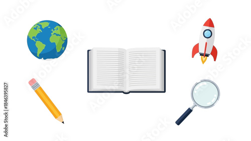 Colorful educational icons including globe, book, rocket, pencil, and magnifying glass on white background