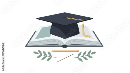 Graduation cap on open book with pencil and leaves, symbolizing education and learning