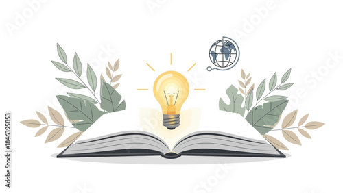 An open book with a glowing lightbulb and leaves on a white background symbolizing knowledge and ideas