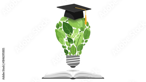 Eco friendly education concept with green leaves light bulb and graduation cap on open book, symbolizing sustainable