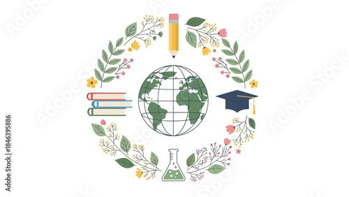 Earth surrounded by educational icons and floral wreath with books, pencil, beaker, graduation cap on white background