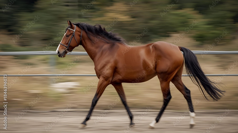 Obraz premium A horse walking slowly on a dirt path, natural motion blur, photorealistic style.
