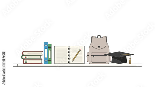 A detailed illustration of educational items on a shelf including books a notebook pencil case backpack