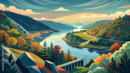 Very beautiful scenic view of the Potomac River from Harpers Ferry, gentle water curves, forested hills, layered perspective, and calm atmosphere captured in refined vector style.