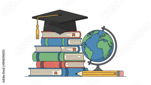 Colorful illustration of graduation cap on stack of books with globe and pencil, education concept