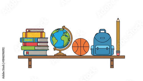 A brown shelf holds a stack of colorful books, a globe, basketball, blue backpack, and large pencil, on white