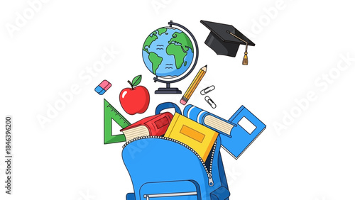 Colorful illustration of school supplies overflowing from a blue backpack including books globe apple and graduation