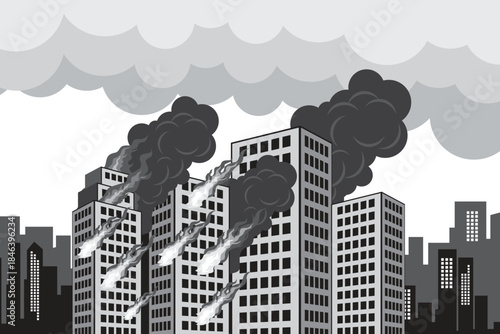 Vector illustration of burning city skyline with tall buildings emitting thick smoke and flames. Urban disaster and emergency scene showing destruction, pollution, and crisis concept in monochrome.