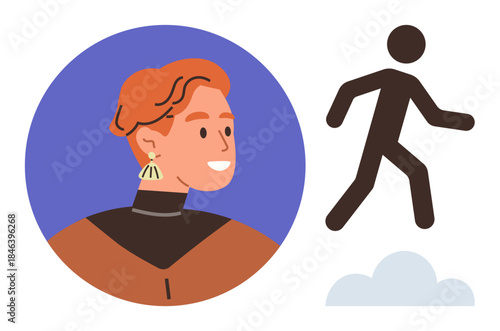 Profile of smiling individual in vibrant colors next to figure walking on a cloud. Ideal for leadership, motivation, confidence, career growth, individuality, progress, positivity. A simple flat