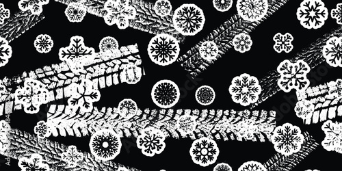 Tire track, snowflakes seamless pattern. Grange winter tread marks .Grunge textured vector car tread .Car trails endless pattern texture. Tyre track seamless texture. Wheel tire tread track background