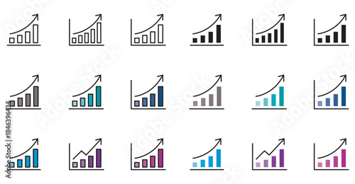 Collection of various colored upward trending bar graph icons on white background