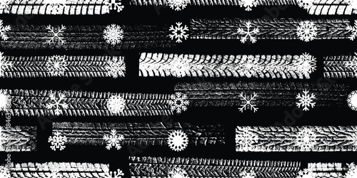 Tire track, snowflakes seamless pattern. Grange winter tread marks .Grunge textured vector car tread .Car trails endless pattern texture. Tyre track seamless texture. Wheel tire tread track background