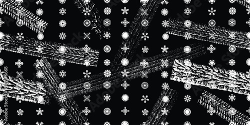 Tire track, snowflakes seamless pattern. Grange winter tread marks .Grunge textured vector car tread .Car trails endless pattern texture. Tyre track seamless texture. Wheel tire tread track background