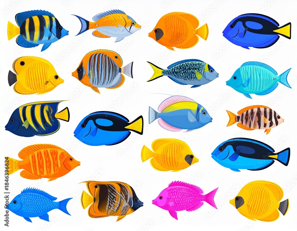 Fototapeta premium Colorful aquarium fish set vector isolated. Tropical fishes collection