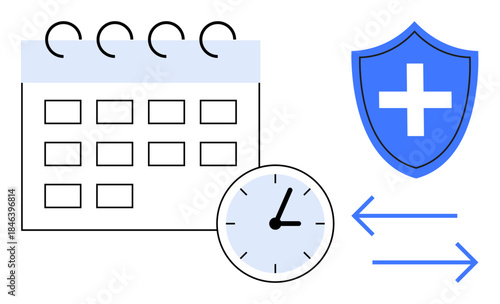 Healthcare management, time scheduling, appointment booking, medical services, safety, data exchange. A calendar, clock and shield with arrows. Healthcare and time scheduling concept