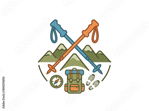 Travel Emblem with Backpack and Trekking Poles.