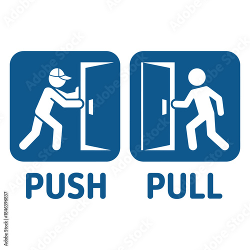 Illustration of push and pull door signs with people opening doors in blue squares