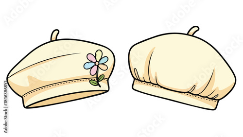 Two berets: one adorned with a colorful flower, capturing stylish fashion and artistic flair with its whimsical design