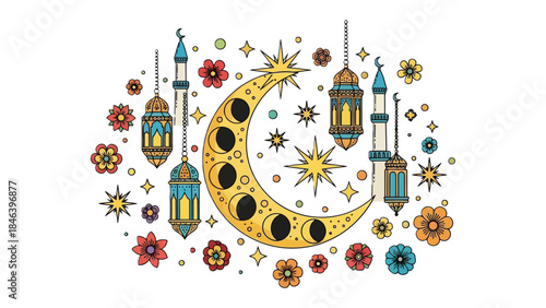 Luminous Night Festival: A celestial display of crescent moon, ornate lanterns, and twinkling stars, evokes the spirit of a vibrant celebration.