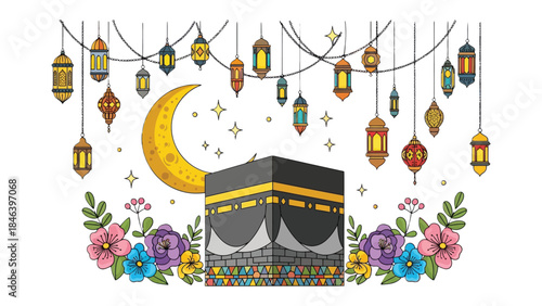 Symbol of Faith: An artistic depiction of the Kaaba, the holy shrine, beneath a crescent moon and stars, embellished with decorative lanterns and vibrant flowers, embodying serenity and spirituality.
