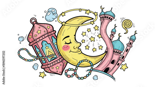 Ramadan Icon: An enchanting illustration that depicts a crescent moon with a smiling face, adorned with stars, a lantern, and the iconic architectural structure.