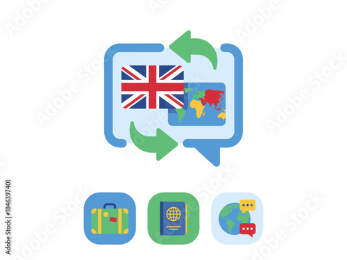 Translation and Language Icons with UK Flag.