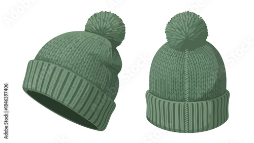 Whimsical Winter Warmth: A Duo of Green Knitted Beanies with Pom-Poms for Cold Weather Comfort