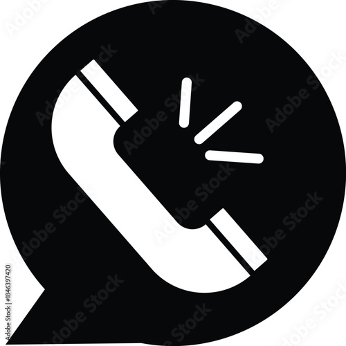 White telephone handset inside black speech bubble with lines chat message communication 2