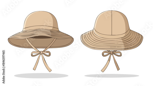 Pair of sun hats with tie detail, summer fashion accessory for sun protection and stylish outdoor activities offering shade and comfort on sunny days