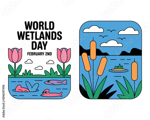 Illustration for world wetlands day with tulips, fish, and cattails in water scenes