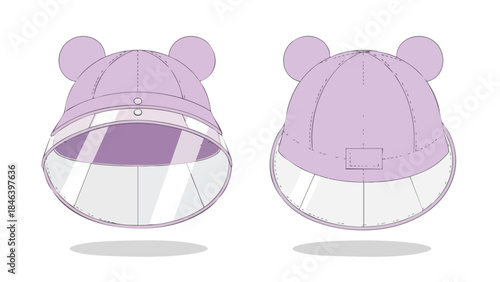Illustration of a charming pastel purple bear-eared sun hat with a transparent face shield for children's summer protection against the sun