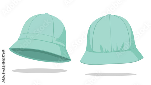 Two light greenish-blue bucket hats, one angled showing the brim, the other straight offering a clear view of the crown, isolated on white design