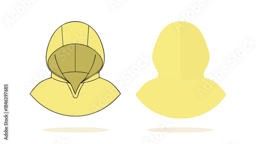 Cloaked head covering flat vector illustration emphasizing front and back design perspectives in a muted yellow color palette for graphic design