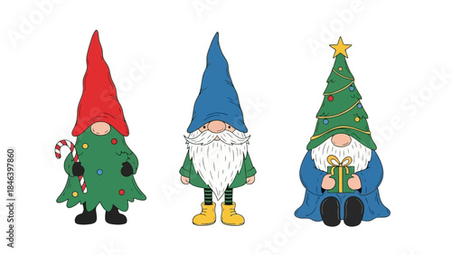 Whimsical Christmas Gnomes dressed as trees holding festive items, festive illustration
