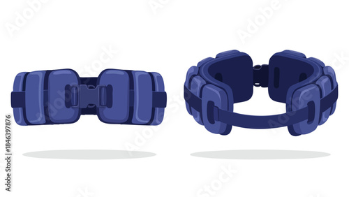 Illustrative depiction of aquatic fitness belt for water aerobics training and rehab purposes showing front and side profiles on a white isolated