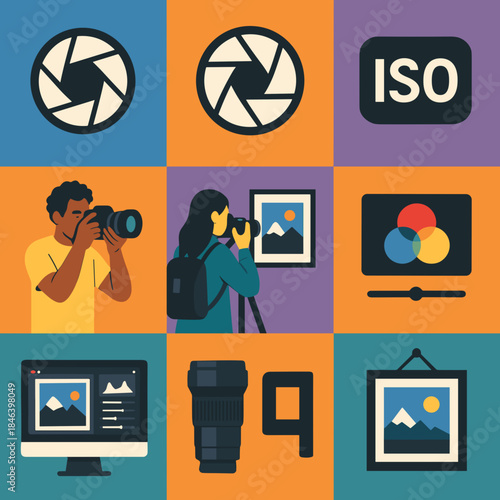 Photography icons and creative professionals at work with cameras