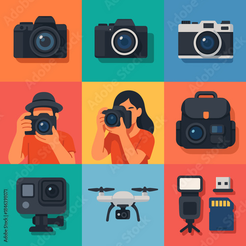 Vibrant photography equipment collage with cameras and gadgets