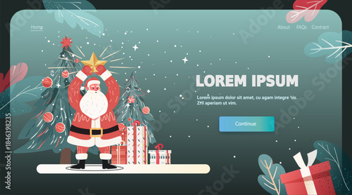 Santa Christmas celebration festive tree gifts snow holiday scene with Santa holding a star near decorated tree and presents website landing page