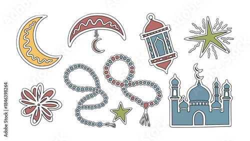Islamic Decorative Set: A colorful array of Islamic symbols and decorations, including a mosque, crescent moon, stars, beads, and lantern, representing traditions.