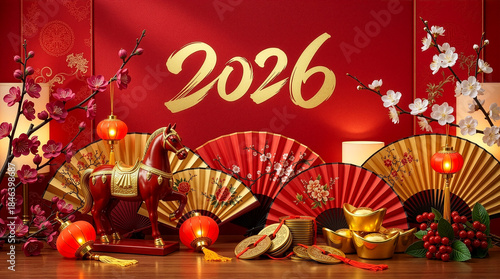 Elegant Chinese New Year 2026 scene featuring a red horse statue, glowing lanterns, gold ingots, cherry blossoms, and painted fans on a luxurious red background.