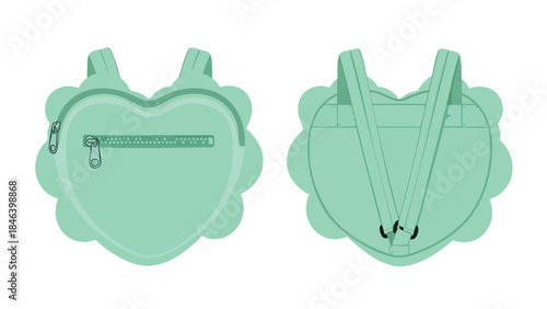 Mint dreamscape heart backpack design showcasing front zipper and back strap detailing with cloud edge design for a whimsical aesthetic