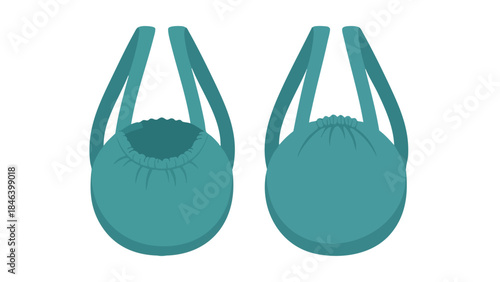 Illustration of a minimalist teal drawstring backpack presented from front and rear perspectives showcases adaptable lifestyle accessory on a clean