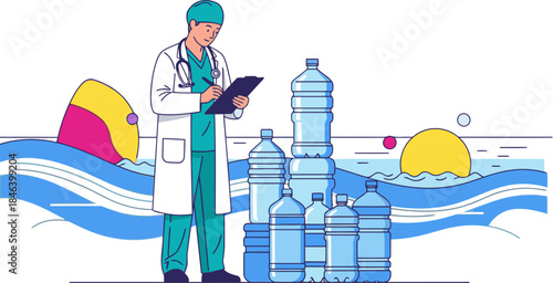 A doctor examines water bottles near a stylized ocean backdrop. ?Safety First? emphasizes health and well-being. Clean, modern illustration.